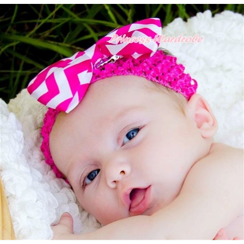 Hot Pink Headband With Hot Pink White Wave Satin Bow Hair Clip H760 
