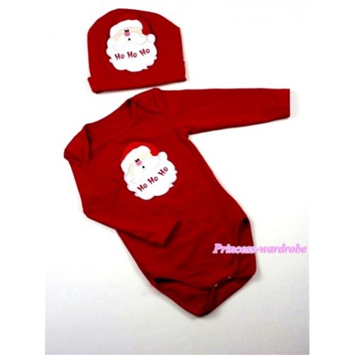 Hot Red Long Sleeve Baby Jumpsuit with Santa Claus Print with Cap Set LS50 