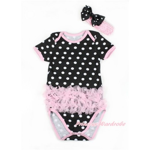Black White Polka Dots Baby Jumpsuit with Triple Light Pink Ruffles TH425 
