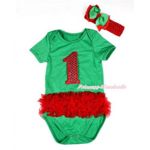 Xmas Kelly Green Baby Jumpsuit with Triple Red Ruffles & 1st Sparkle Red Birthday Number Print TH427 