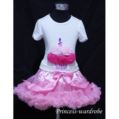 Light Pink Pettiskirt With White Birthday Cake Tank Top with Light Bright Pink Rosettes T46 