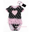 Black White Polka Dots Baby Jumpsuit with Triple Light Pink Ruffles & Light Pink Heart Print TH435 