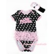 Black White Polka Dots Baby Jumpsuit with Triple Light Pink Ruffles & Princess Print TH436 