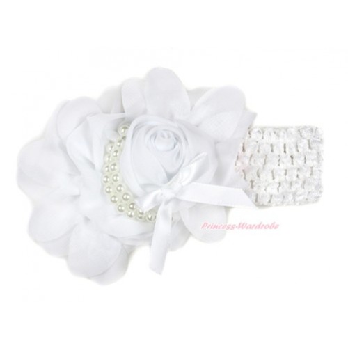 White Headband With White Petal Crystal Pearl Bow Rosettes Hair Clip H767 