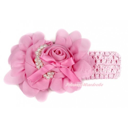 Light Pink Headband With Light Pink Petal Crystal Pearl Bow Rosettes Hair Clip H768 