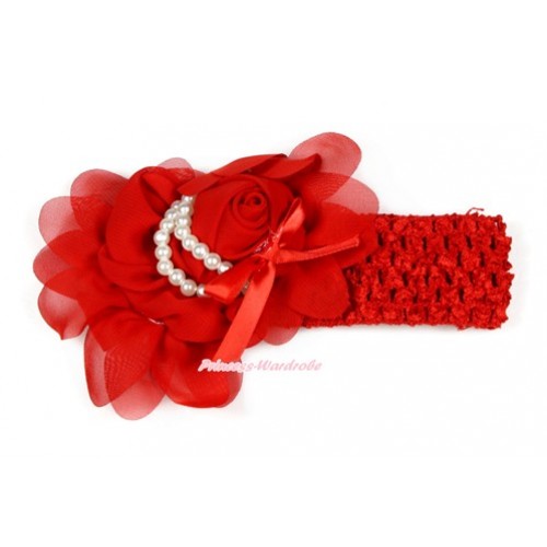 Hot Red Headband With Red Petal Crystal Pearl Bow Rosettes Hair Clip H769 