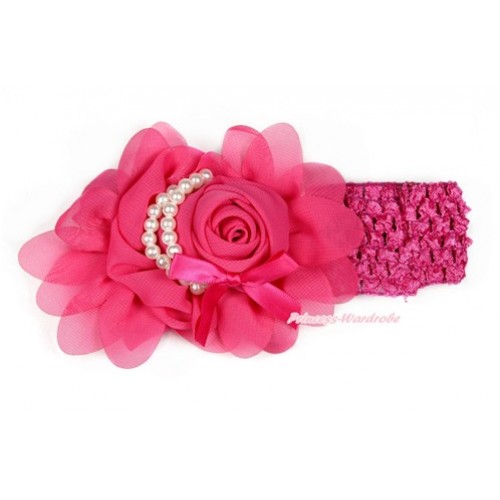 Hot Pink Headband With Hot Pink Petal Crystal Pearl Bow Rosettes Hair Clip H770 