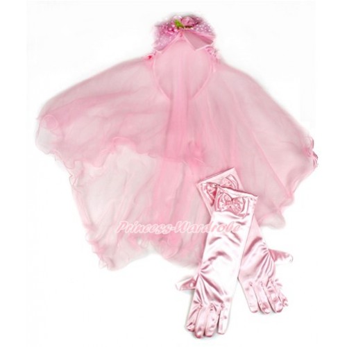 Elegant Light Pink Girl Wedding Bridal Bead Corsage Headband Veil Mask Costume With Light Pink Satin Princess Gloves 2pc Set C209 