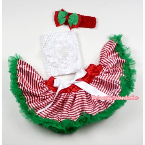 Red White Striped mix Christmas Green Baby Pettiskirt,White Peony and Crochet Tube Top, Red Headband with Red Green Bow 3PC Set CT471 