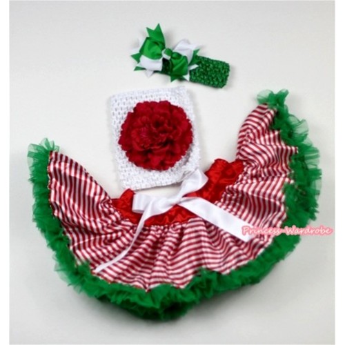 Red White Striped mix Christmas Green Baby Pettiskirt, Red Peony and White Crochet Tube Top, Green Headband with White Green Bow 3PC Set CT472 