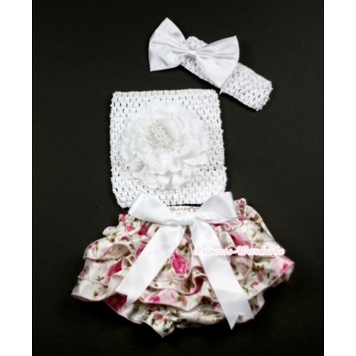Rose Layer Panties Bloomers with Big White Bow, White Peony White Crochet Tube Top and White Bow White Headband 3PC Set CT478 