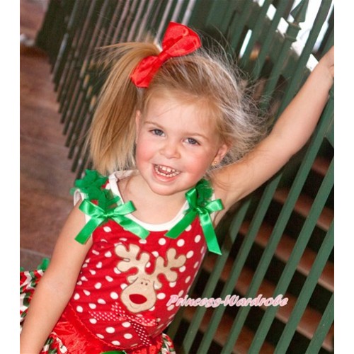 Xmas Minnie Dots Tank Top With Christmas Reindeer Print & Minnie Dots Bow with Kelly Green Ruffles & Kelly Green Bow TP166 