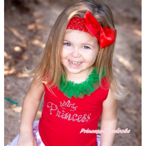 Xmas Red Tank Top with Sparkle Crystal Bling Princess Print with Kelly Green Chiffon Lacing T542 