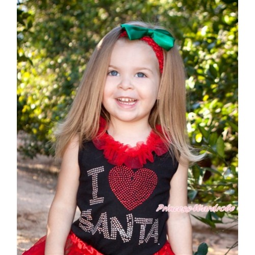 Xmas Black Tank Top With Red Chiffon Lacing With Sparkle Crystal Bling I Love Santa Print TB545 