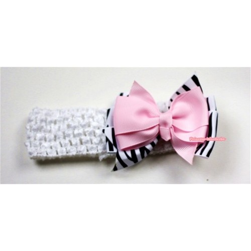White Headband with Zebra & Light Pink Ribbon Hair Bow Clip H487 