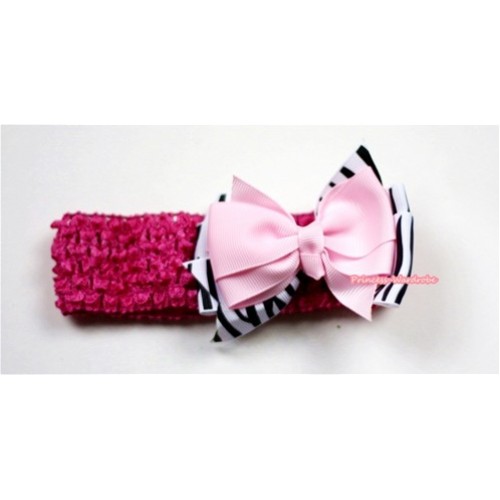 Hot Pink Headband with Zebra & Light Pink Ribbon Hair Bow Clip H488 
