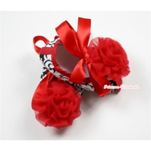 Hot Red Damask Shoes with Ribbon with Red Rosettes S463 