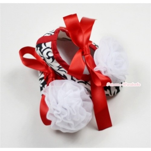 Hot Red Damask Shoes with Ribbon with White Rosettes S464 