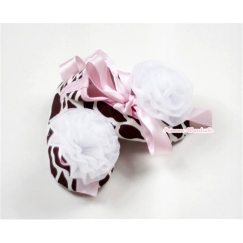 Giraffe Shoes with Light Pink Ribbon Crib Shoes with White Rosettes S468 