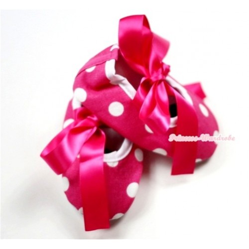 Hot Pink White Polka Dots Crib Shoes with Hot Pink Ribbon S469 