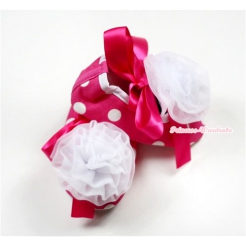 Hot Pink White Polka Dots Crib Shoes with Hot Pink Ribbon with White Rosettes S470 