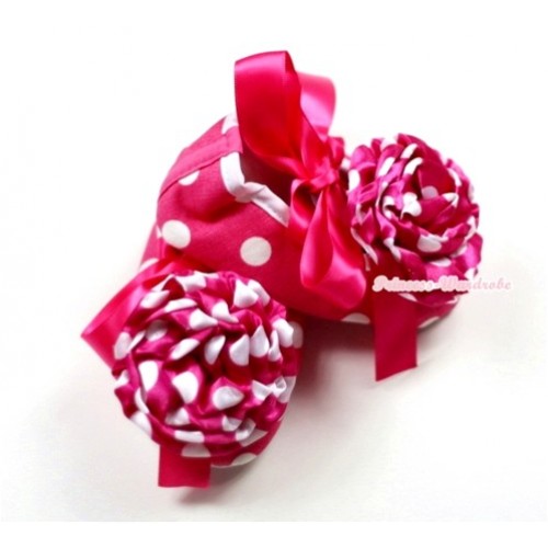 Hot Pink White Polka Dots Crib Shoes with Hot Pink Ribbon with Hot Pink White Polka Dots Rosettes S472 