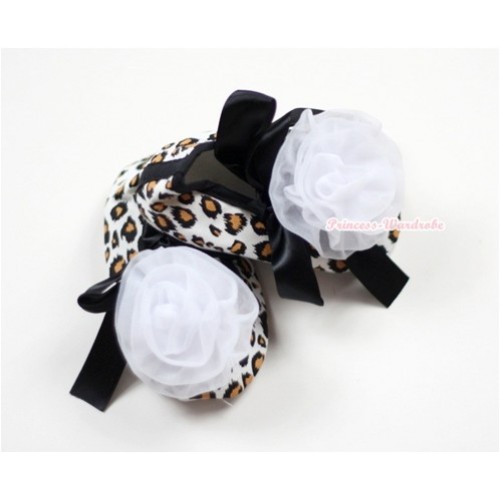 Leopard Crib Shoes with Black Ribbon with White Rosettes S475 