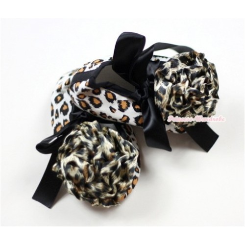 Leopard Crib Shoes with Black Ribbon with Leopard Rosettes S476 