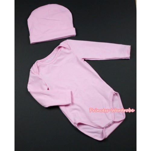 Plain Style Light Pink Long Sleeve Baby Jumpsuit with Cap Set LH156 