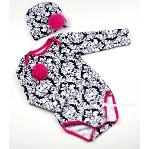 Hot Pink Damask Long Sleeve Baby Jumpsuit with a Hot Pink Rose with Cap Set LH204 