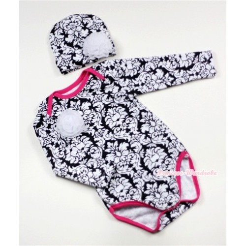Hot Pink Damask Long Sleeve Baby Jumpsuit with a White Rose with Cap Set LH206 