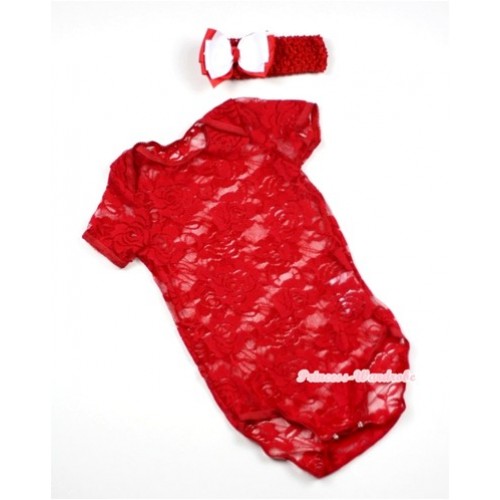 Hot Red See Through Baby Jumpsuit with Red Headband White Red Ribbon Bow TH269 