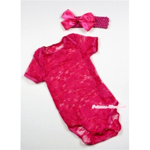Hot Pink See Through Baby Jumpsuit with Hot Pink Headband & Hot Pink Bow TH271 