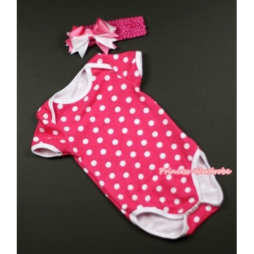 Hot Pink White Polka Dots Baby Jumpsuit with Hot Pink Headband & Hot Pink White Bow TH275 