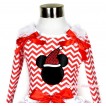 Xmas Red White Wave Long Sleeves Top with Christmas Minnie Print With White Ruffles & Red Bow TO127 