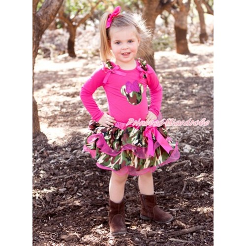 Hot Pink Bow Hot Pink Camouflage Petal Pettiskirt with Matching Hot Pink Long Sleeve Top with Camouflage Ruffles & Hot Pink Bow & Sparkle Hot Pink Camouflage Minnie Print MW361 