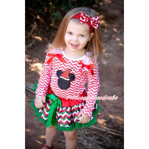 Xmas Red White Green Wave Pettiskirt with Christmas Minnie Print Red White Wave Long Sleeve Top with Red Ruffles and White Bow MW365 