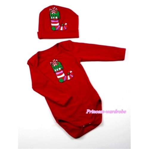 Red Long Sleeve Baby Jumpsuit with Christmas Stocking Print with Cap Set LS58 