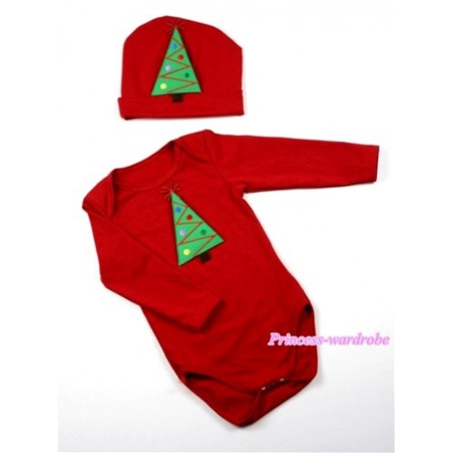Hot Red Long Sleeve Baby Jumpsuit with Christmas Tree Print with Cap Set LS60 