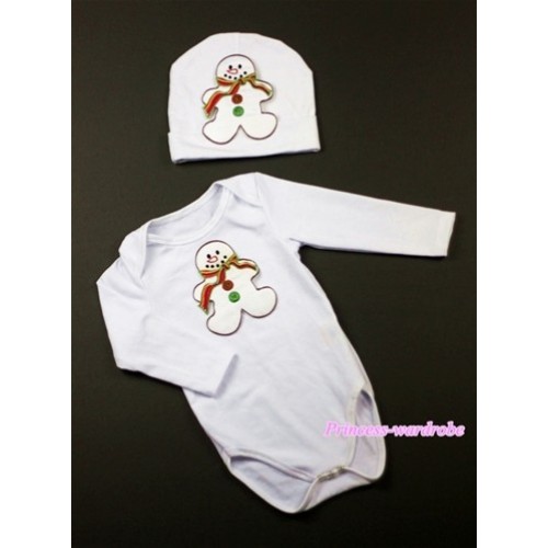 White Long Sleeve Baby Jumpsuit with Christmas Gingerbread Snowman Print with Cap Set LS72 