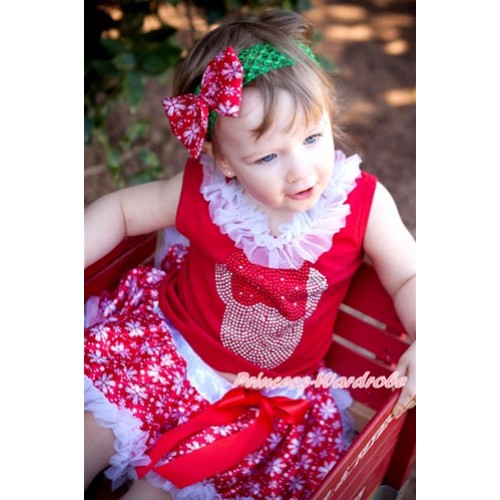Xmas Red Tank Top with Sparkle Crystal Bling Red Minnie Print & White Chiffon Lacing With Red Snowflakes Pettiskirt CM152 