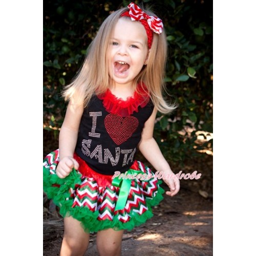 Xmas Black Tank Top with Sparkle Crystal Bling I Love Santa Print with Red Chiffon Lacing & Red White Green Wave Pettiskirt MG820 