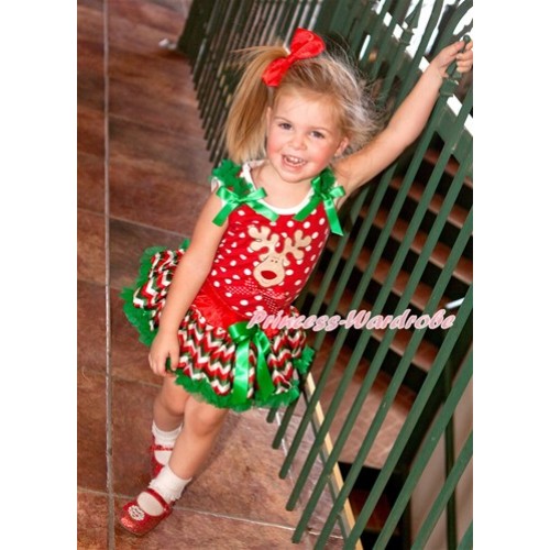 Xmas Minnie Dots Tank Top with Christmas Reindeer Print & Minnie Dots Bow with Kelly Green Ruffles & Kelly Green Bow & Red White Green Wave Pettiskirt MH128 