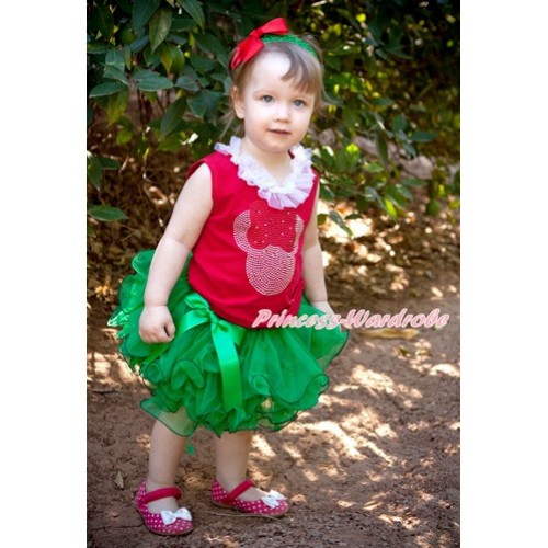Xmas Red Tank Top With White Chiffon Lacing & Sparkle Crystal Bling Red Minnie Print With Kelly Green Bow Kelly Green Petal Pettiskirt CM154 