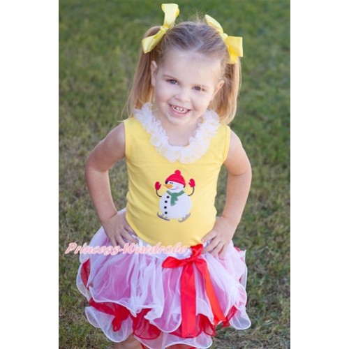 Xmas Yellow Tank Top With White Chiffon Lacing & Ice-Skating Snowman Print With Red Bow Red White Petal Pettiskirt M540 