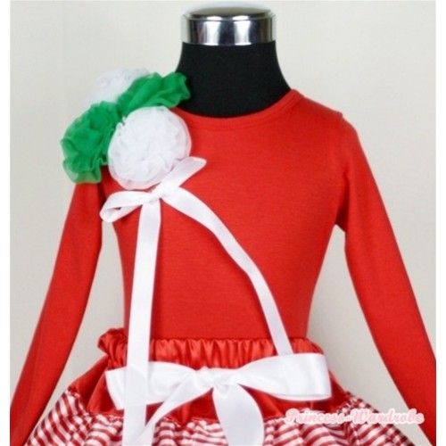 Red Long Sleeve Top with Bunch of Kelly Green & White Rosettes and White Bow TW201 
