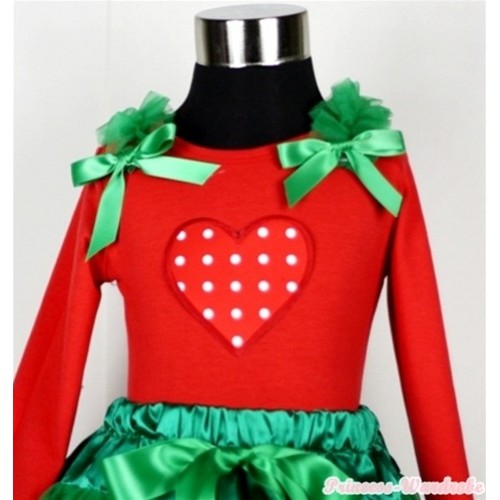 Red White Polka Dots Heart Print Red Long Sleeves Top with Kelly Green Ruffles & Kelly Green Bow TW304 
