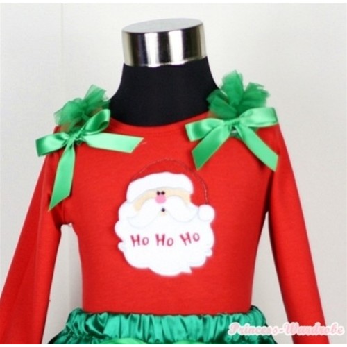 Santa Claus Print Red Long Sleeves Top with Kelly Green Ruffles & Kelly Green Bow TW306 