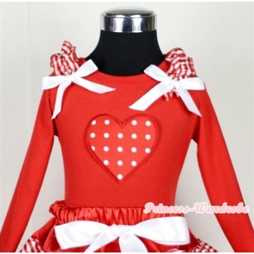 Red White Polka Dots Print Red Long Sleeves Top with Red White Striped Ruffles & White Bow TW309 