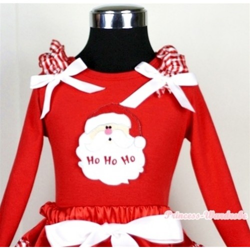 Santa Claus Print Red Long Sleeves Top with Red White Striped Ruffles & White Bow TW312 